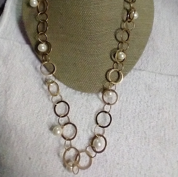 Goldtone faux pearl circles necklace long - Picture 1 of 4